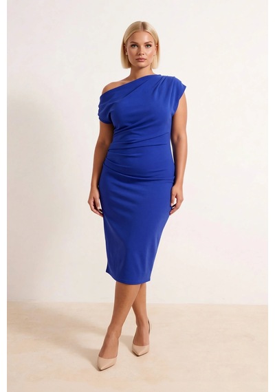Benerly Kadın Büyük Beden Asimetrik Yaka Kolsuz Midi Bodycon Örme Elbise Saks