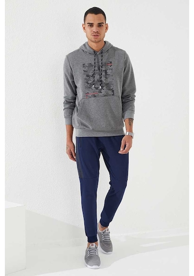 Tommy Life Gri Melanj Kamuflaj Desen Baskılı Standart Kalıp Kapüşonlu Erkek Sweatshirt - 87884 GRİ MELANJ