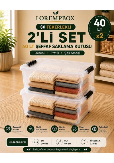 Lorempbox 40 Lt Tekerlekli Şeffaf Saklama Kutusu 2'li Set Çok Renkli