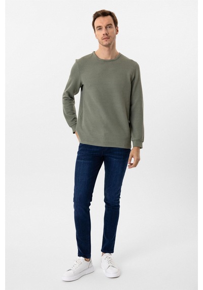 Süvari Yeşil Slim Fit Armürlü Bisiklet Yaka Triko Kazak
