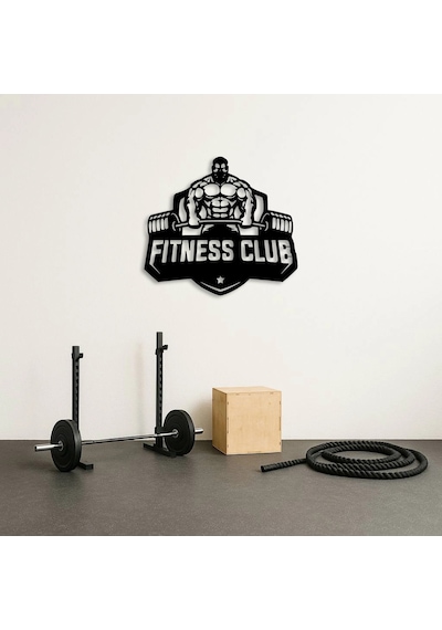 Fitness Club Amblem Tasarımlı Metal Duvar Tablosu Siyah