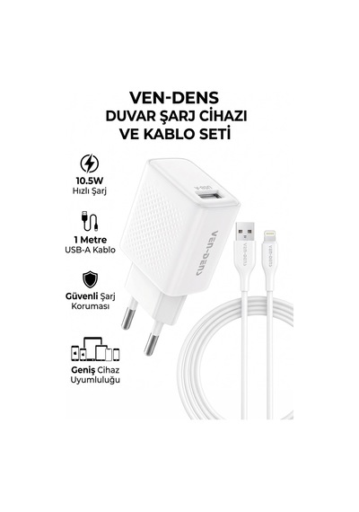 Ven-dens Vd-tc019ba02 10,5 W Usb-a Şarj Adaptörü Ve 1 Metre Şarj Ve Veri Kablosu Seti, Beyaz