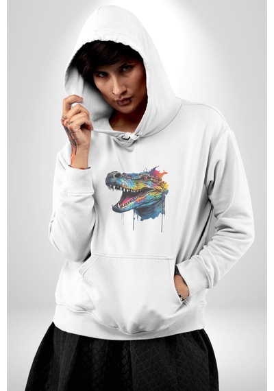 Timsah Renkli Kafası Kadın Erkek Beyaz Kapüşonlu Sweatshirt Hoodie Beyaz