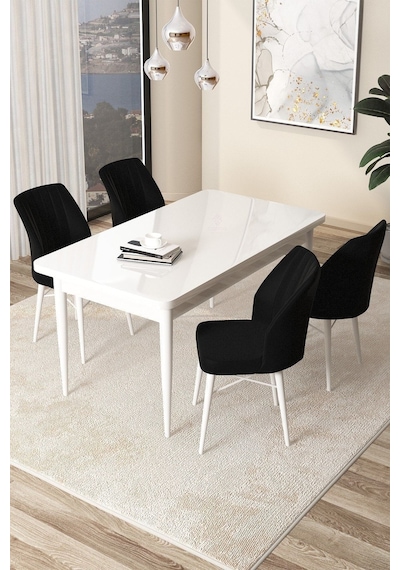 Canisa Arp Serisi, Beyaz Masa 71x110 Sabit Yemek Odası Takımı, 4 Siyah Sandalye Beyaz Masa Sandalye Siyah Canisa Arp Serisi, Beyaz Masa 71x110 Sabit Yemek Odası Takımı, 4 Siyah Sandalye Beyaz Masa Sandalye Siyah
