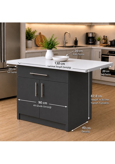 Korn Mutfak 1 Çekmeceli 2 Kapaklı Mutfak Adası-alt Modül 130 Cm - Çok Amaçlı Dolap -beyaz Laminat Tezgah Dahil Antrasit Korn Mutfak 1 Çekmeceli 2 Kapaklı Mutfak Adası-alt Modül 130 Cm - Çok Amaçlı Dolap -beyaz Laminat Tezgah Dahil Antrasit