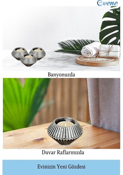 Mumluk Şamdan 3 Adet Tealight Uyumlu Elmas Çizgili Model - Gümüş Eskitme
