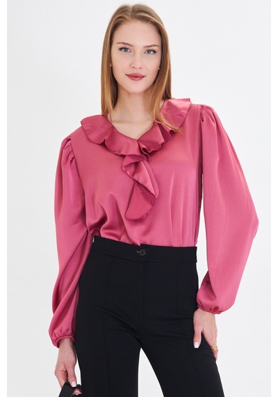 Armonika Kadın Koyu Pembe Yakası Fırfırlı Omuzu Büzgülü Kolu Lastikli Pamuk Saten Bluz Arm-22k001059 Armonika Kadın Koyu Pembe Yakası Fırfırlı Omuzu Büzgülü Kolu Lastikli Pamuk Saten Bluz Arm-22k001059