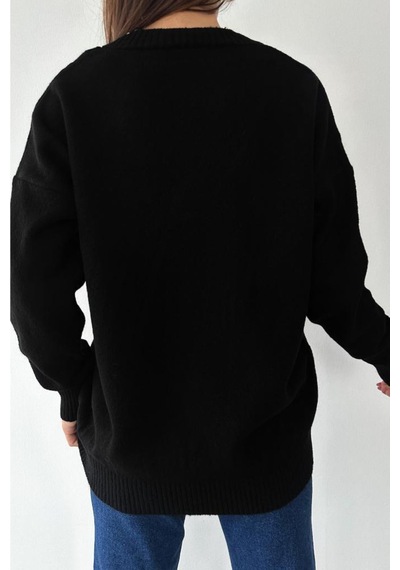 Femelle Kadın Siyah V Yaka Standart Beden Oversize Basic Triko Kazak