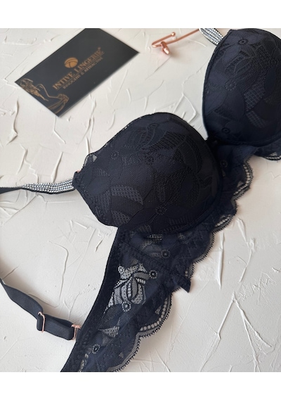 Jasmine Askıları Parlak Taşlı Hafif Destekli Dantelli Soft Cup İt Siyah