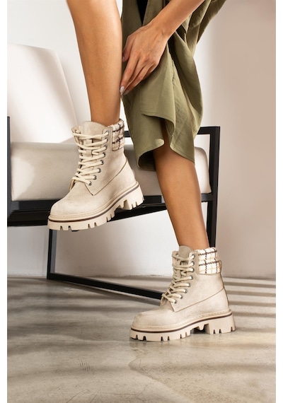 Shoetek Sophie Kadın Bot&bootie Ekoseli Triko Postal Bej Süet Bej Süet