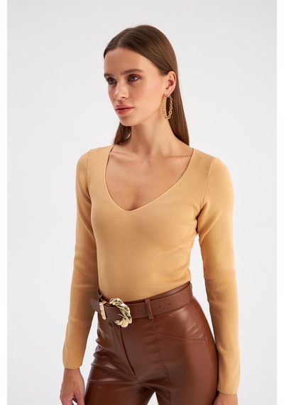 Sateen V Yaka Triko Crop - Bisküvi-129491