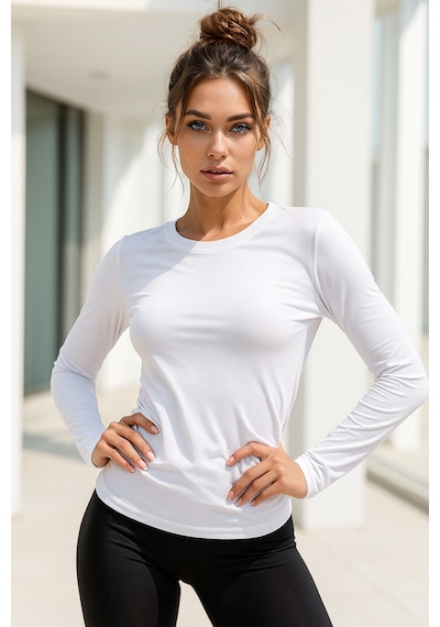 Kadın Beyaz Bisiklet Yaka Uzun Kollu Body Beyaz