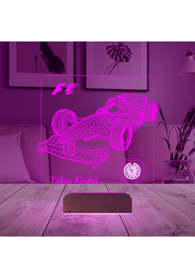 Luvivia Formula 1 F1 Yarış Arabası Tasarım Kişiye Özel Metal Saatli 3d Lamba - Masa Gece Lambası Şeffaf