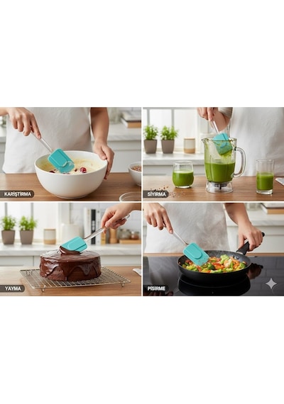Silikon Spatula, Mutfak Kullanımı İçin Şeffaf Saplı Askılı 2, Turkuaz Genel