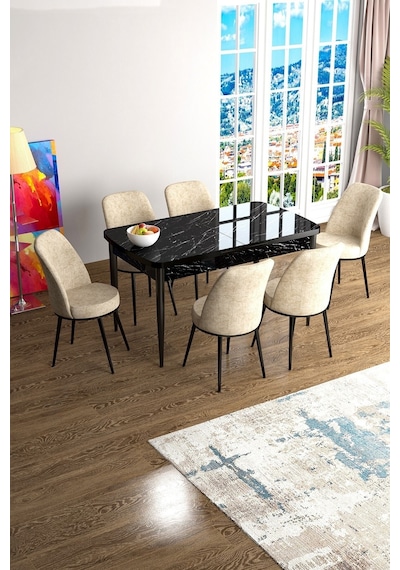 Canisa Han Serisi, Siyah Mermer Desen 70x114, Açılabilir Mdf Mutfak Masa Takımı, 6 Krem Sandalye Masa Siyah Mermer Sandalyeler Krem Canisa Han Serisi, Siyah Mermer Desen 70x114, Açılabilir Mdf Mutfak Masa Takımı, 6 Krem Sandalye Masa Siyah Mermer Sandalyeler Krem