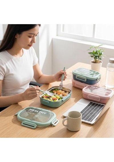 Deconox Paslanmaz Çelik Yemek Kabı 800 Ml, 2 Bölmeli Lunch Box, Çatal Kaşık Dahil, Kilitli Kapaklı Saklama Ve Taşıma Kabı, 21x15x6,6 Cm, Pembe/mavi/yeşil Çok Renkli