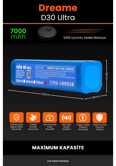 Dreame D30 Ultra Uyumlu 7000mah Robot Süpürge Bataryası - Maksimum Kapasite