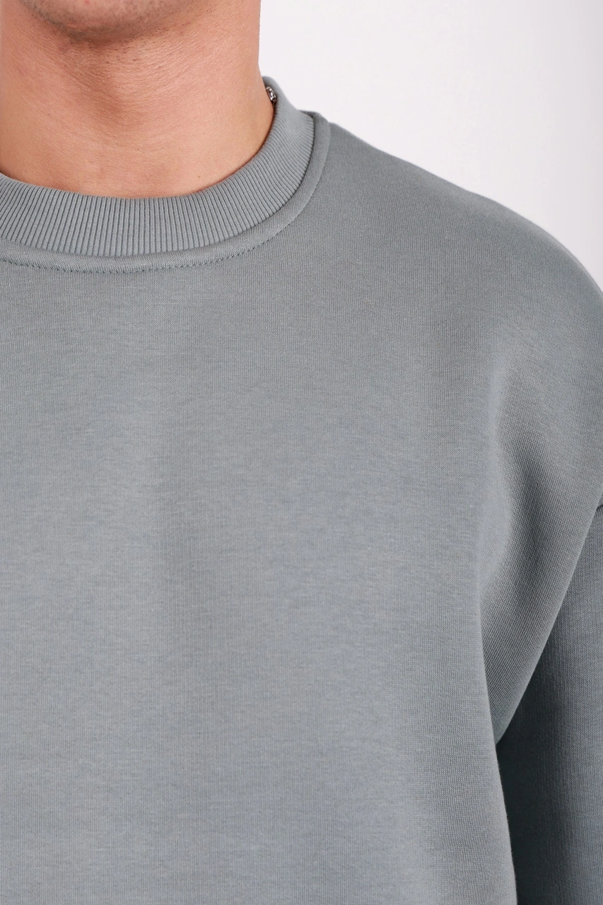 Erkek Standart Fit Bol Kesim %100 Pamuklu Içi Şardonlu 3 Iplik Bisiklet Yaka Sweatshirt Küf Yeşili