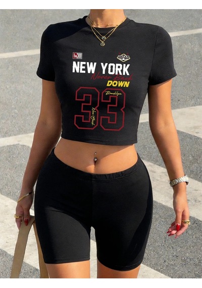 Tarzsokak Seksi New York Never Back Down 33 Baskılı Babby Teet-shirt Şort Kadın İki Parçalı Takım Üst Panto Siyah