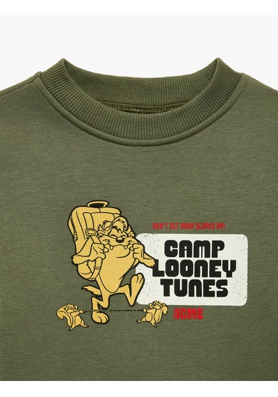 Koton Looney Tunes Baskılı Pamuklu Şardonlu Bisiklet Yaka Uzun Kollu Lisanslı Sweatshirt Haki 7wmb10128tk