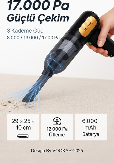 Vooka Araç İçi Süpürge & Üfleme 17.000 Pa Güçlü Çekim 12.000 Pa Üfleme 3 Kademeli,6000 Mah Batarya