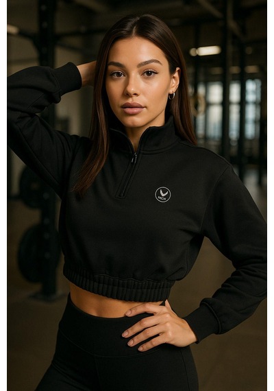 Kadın Fermuar Yaka Detaylı Crop Lastikli Rahat Kalıp Sweatshirt Çok Renkli