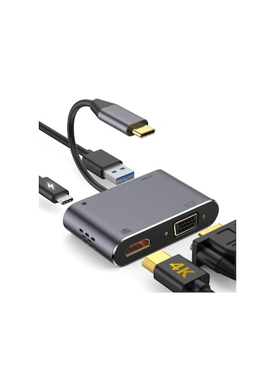 Type-C 4 In 1 4K Hdmı Vga Usb 3.0 Type-C Şarj Girişli Adaptör