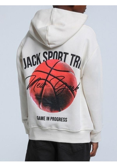 Jack Lions Erkek Çocuk Kapüşonlu Basketbol Baskılı 3 İplik Sweatshirt-14254 Krem