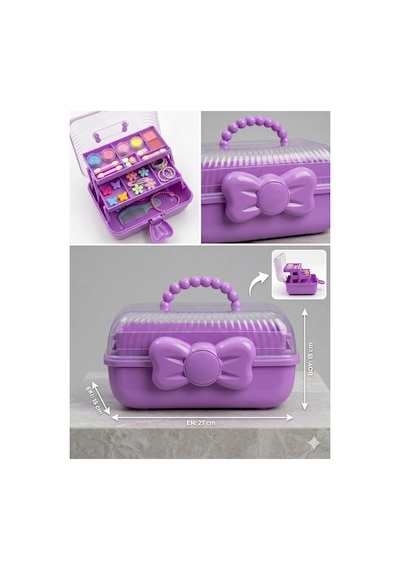 Çocuk Takı Ve Toka Organizeri Otomatik Açılır Katlı Düzenleyici Kutu 27x15x15 Cm Pembe Taşınabilir Çok Bölmeli Saklama Çantası Mor