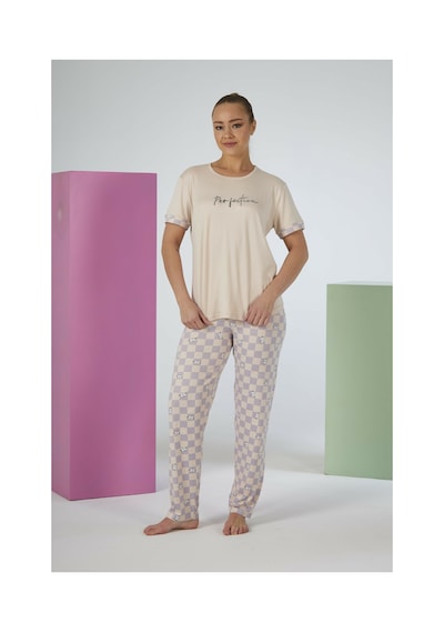 Estiva Kadın Kareli Alt Desenli Kısa Kollu Soft Pijama Takımı Bej