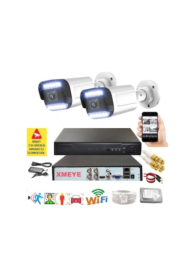2 Li Hareket Algılayan 5 Mp Lens 12 Warm Led Gece Renkli Gösteren Güvenlik Kamerası Seti Bs 3312w