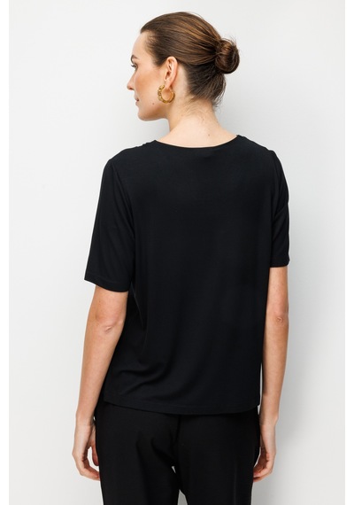 Kadın Sıfır Yaka Yakası Çift Şeritli Taşlı Penye T-shirt Siyah Siyah