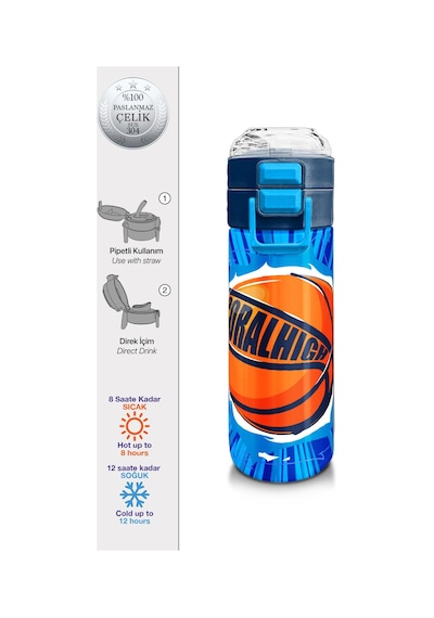 Coral High Kids Lacivert Mavi Basketbol Desenli Pipetli Ve Direkt İçim Çelik Termos 500 Ml 31833 Mavi
