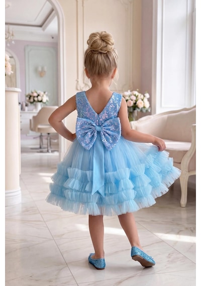Butik Happy Kids Kız Çocuk Turkuaz Payetli Volanlı Tüllü Prenses Abiye Elbise 1-6 Yaş