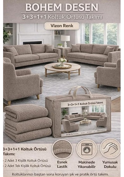 Bohem Desen Krem Lastikli Koltuk Örtüsü 3+3+1+1 Takımı Esnek Lastikli Koltuk Örtüsü Koltuk Kılıfı Vizon Diğer