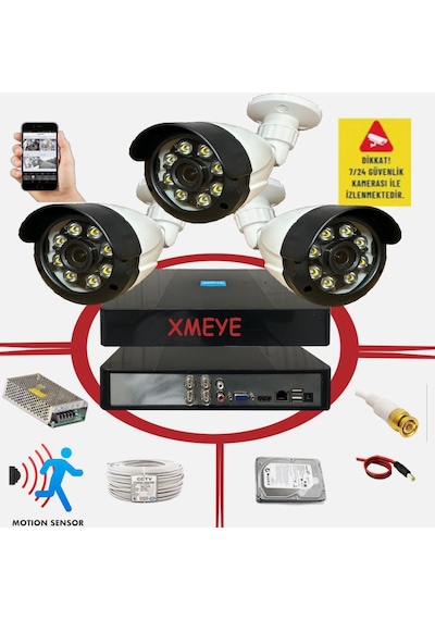 3 Lü Hareket Algılayan 5 Mp Lens 8 Warm Led Gece Renkli Gösteren Güvenlik Kamerası Seti Bs 2308w