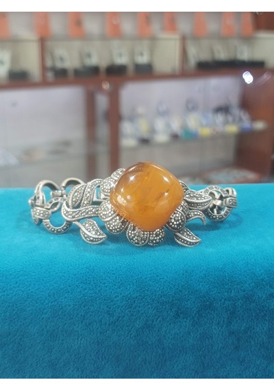 Firuze Gümüş Oyma Tasarımlı Kehribar Taşlı Yöresel Otantik Gümüş