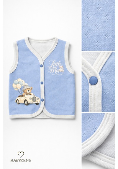 Babyden's Erkek Bebek 3 Lü Jakarlı Yelek Set Çıtçıtlı Bebek Yeleği Ayıcık Baskılı,pamuklu,yenidoğan Yelek Seti Ekru - Mavi