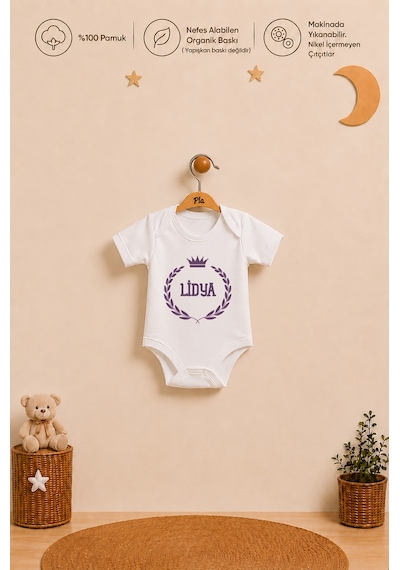 Pia Baby Kız Bebek İsme Özel Hediye Seti 2'li %100 Pamuk Organik Baskılı Body Zıbın Ve Ham Bez Kıyafet Kesesi 2074b2k0x Ekru