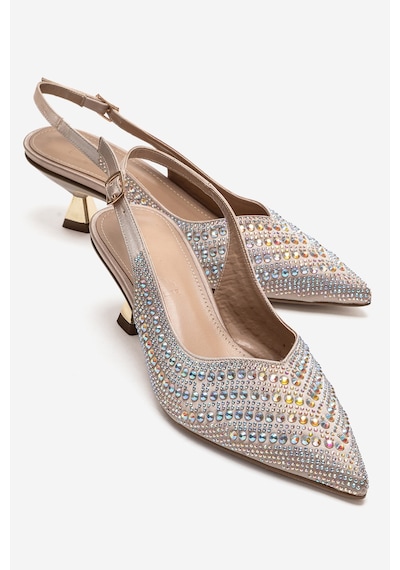 Luvishoes Royale Bej Saten Taşlı Kadın Kısa Topuklu Abiye Ayakkabı