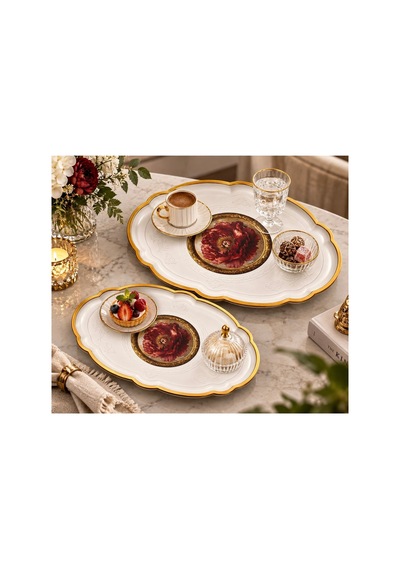 2 Li Büyük Boy Gold Dekoratif Sunum Tepsisi Seti 48x38 / 36x27,5 Cm Kalın Dayanıklı Plastik Çay Kahve Servis İkram Tepsisi 5 Farklı Model