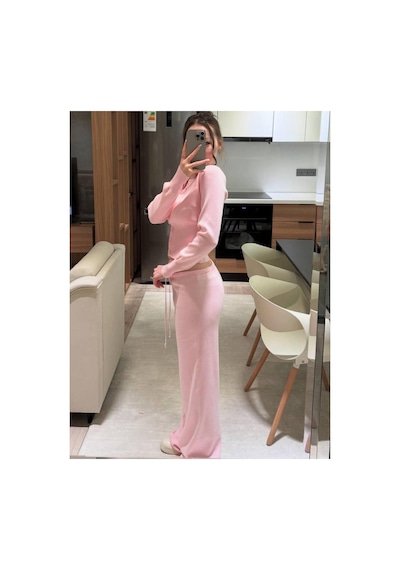 De Pose Düğme Detaylı Pijamalı Hırka Triko Takım Pembe