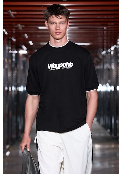 Grımelange Rough Erkek %100 Organik Pamuklu Kontrast Biyeli Baskı Detaylı Regular Fit Siyah T-shirt