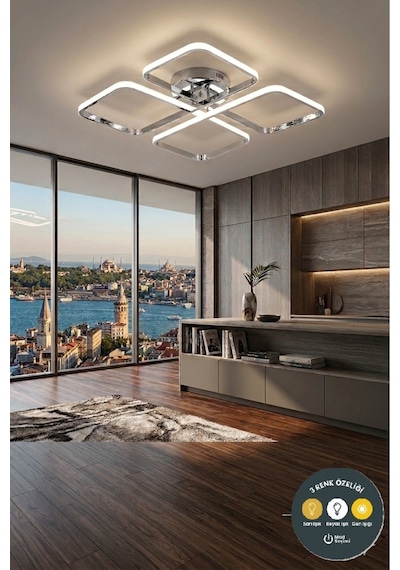 March Dekoratif Kumandalı Krom Plafonyer Led Avize-4'lü Geometrik Kare 3 Renk Yanma Özellikli