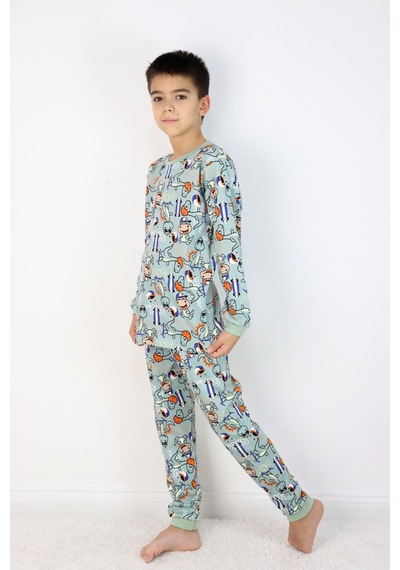 Harika Kids Erkek Çocuk Baskılı İnterlok Kumaş Uzun Kollu Pijama Takımı Yeşil