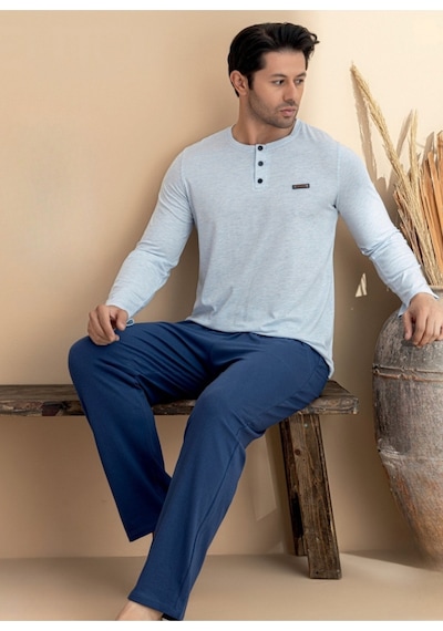 Erkek %100 Pamuklu Yarım Kapama Düğmeli Likralı Pijama Takım Gri