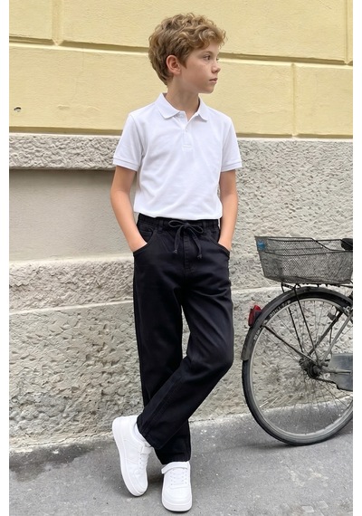Fullamoda Beli Bağlamalı Baggy Erkek Çocuk Pantolon Siyah
