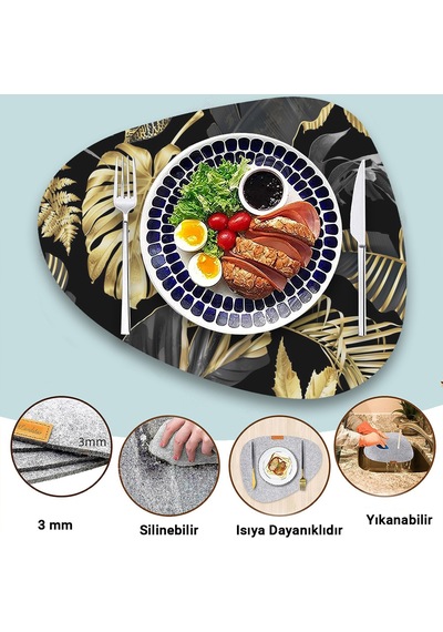 Valerine Life Tropikal Gold Siyah Yaprak Amerikan Deri Kaymaz Yıkanabilir Servis Tabak Altlığı 12 Pa Siyah