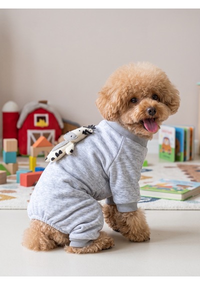 Moo Moo Cozy Köpek Tulumu Gri Melanj Kalın Penye Köpek Kıyafeti Yumuşak İnek Oyuncak Aksesuarlı