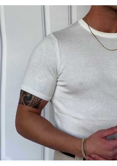 Modefendi Yüksek Kalite Slim Fit Triko Kumaş Tshirt Beyaz
